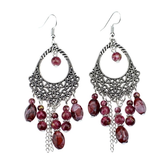 New Silver Maroon Beaded Fishhook Earrings - Picture 2 of 4